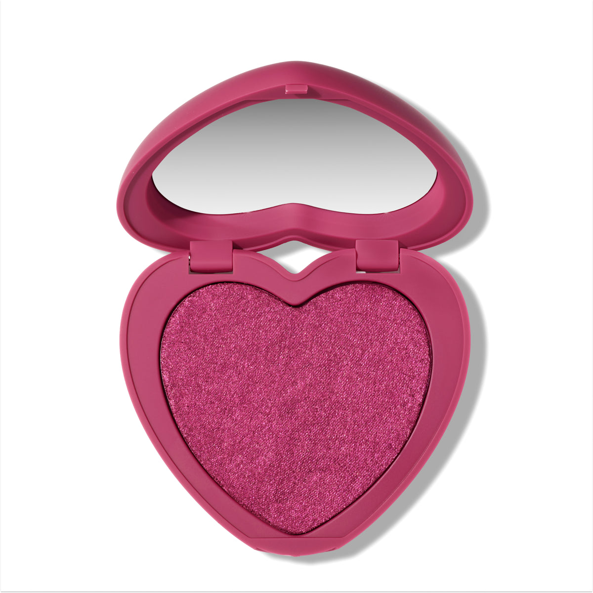 Heart to Get Cuter than Cupid Super Shock Blush compact showing a shimmery hot pink heart-shaped blush pan inside a matching heart case with mirror, styled on a clean white background for US makeup lovers