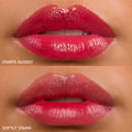 Lips wearing ColourPop Lip Stain in A Little Dramatic, split view showing finishes: top glossy high-shine coat, bottom soft stained tint in vivid berry pink, close-up swatch highlighting hydrating, long-wear lip color.