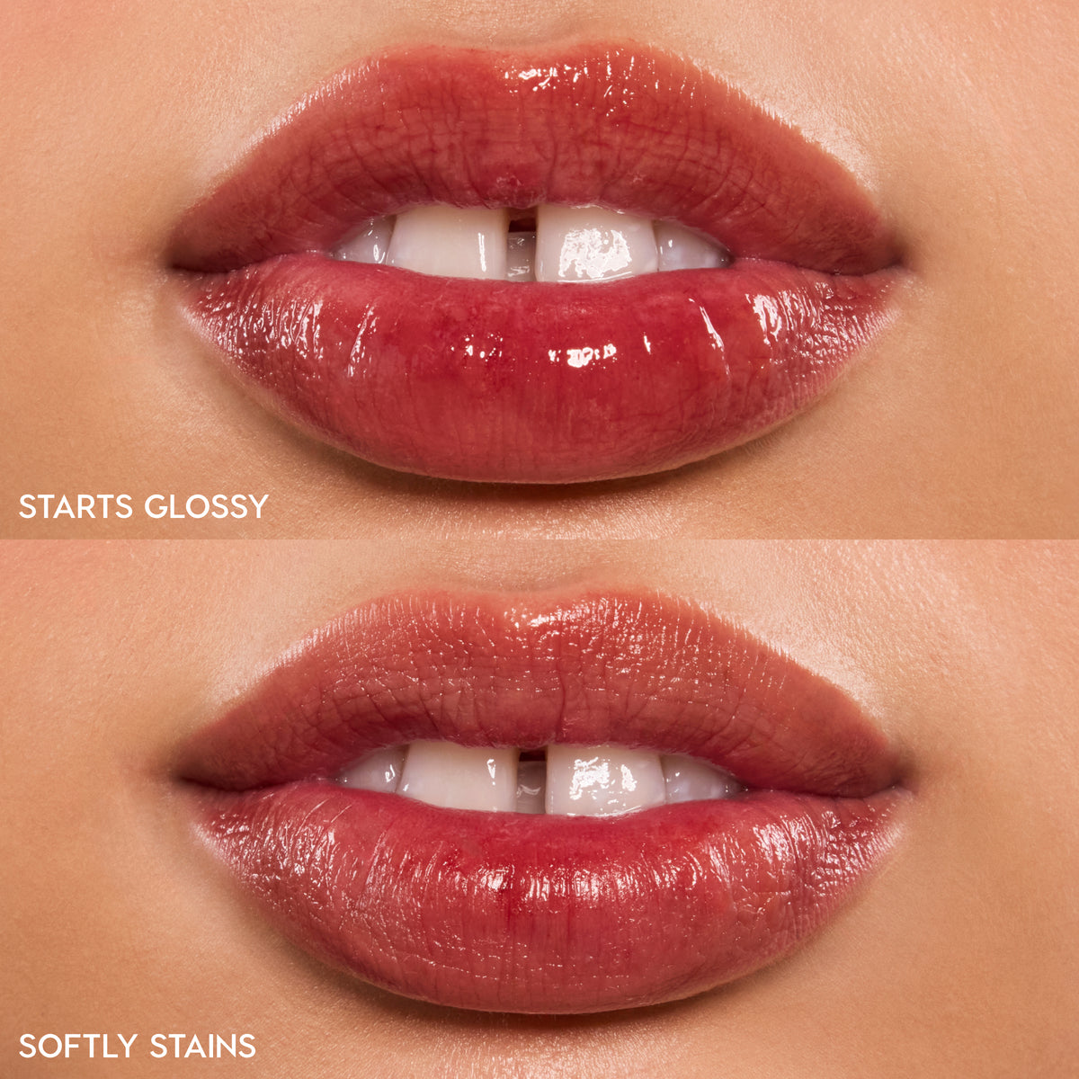 Baby Fox ColourPop Lip Stain swatched on lips - top shows glossy application with high shine, bottom shows the lasting stain - a sheer warm rosy-red tint in a close-up studio shot, showing a before-and-after finish comparison.