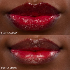 Fruit Punch ColourPop Lip Stain coating lips in a split macro swatch - top labeled Glossy shows a full-coverage, high-shine red, while bottom labeled Stain shows a sheer cherry tint after wear, highlighting shade payoff and finish comparison.