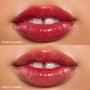 Close-up lips wearing Mantra ColourPop Lip Stain, showing two finishes: top displays a glossy, high-shine berry-rose color, while bottom shows a softer stained tint, illustrating pigment payoff and sheen on natural skin.