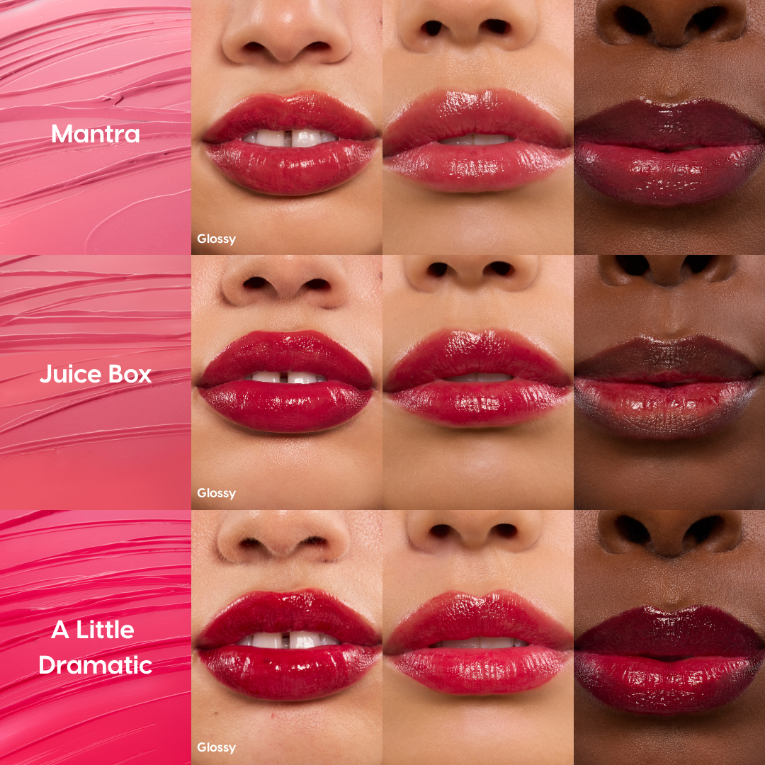 Tickle Me Pink lip stain from Colourpop shown as glossy swatches on three skin tones in a grid, highlighting the bright pink shade and finish for shoppers searching Lipstick & Lip Stains comparisons.