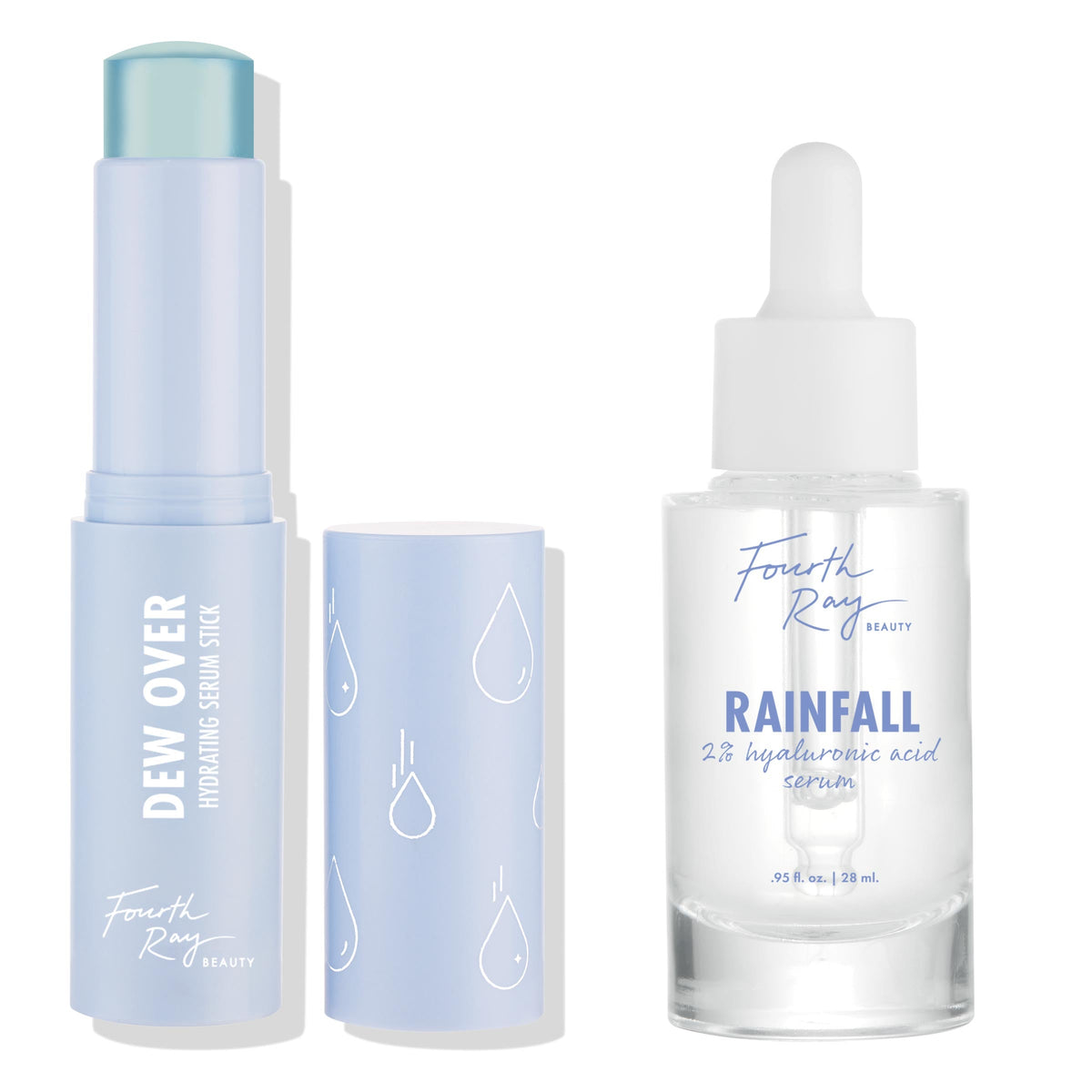 Hydration Station ColourPop Face Set features a light blue Dew Over Hydrating Serum Stick with droplet-print cap and a clear Fourth Ray Beauty Rainfall 2% hyaluronic acid serum dropper bottle, standing side by side against a white backdrop.