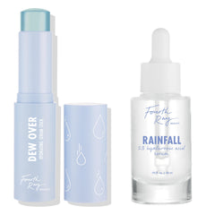 Hydration Station ColourPop Face Set features a light blue Dew Over Hydrating Serum Stick with droplet-print cap and a clear Fourth Ray Beauty Rainfall 2% hyaluronic acid serum dropper bottle, standing side by side against a white backdrop.