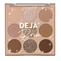 Deja Brew ColourPop Shadow Palette showcasing nine coffee-toned shades - matte and glitter finishes in champagne, taupe, caramel, bronze, and deep espresso - arranged in a square compact with a clear lid and brand logo.