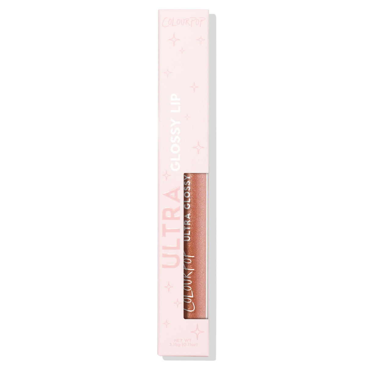 ColourPop Ultra Glossy Lip It Girl lip gloss displayed upright in a pale pink box with star accents, showing a pearlized, shimmery nude-pink shade through a clear window on a white background.
