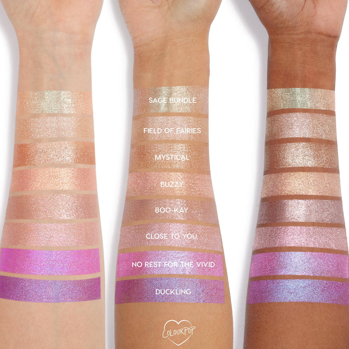Boo-Kay Jelly Much Shadow swatch gleams on three forearms, shown with labeled rows of other shades, displaying a shimmery pink finish across light, medium, and deep skin tones for easy comparison of ColourPop Jelly Much Shadow colors.