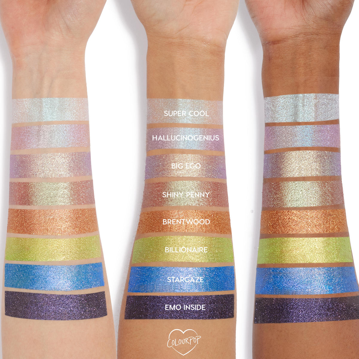 ColourPop No Rest For The Vivid Jelly Much Shadow swatched on three forearms, showing eight sparkly shades - Super Cool, Hallucinogenius, Big Ego, Shiny Penny, Brentwood, Billionaire, Stargaze, Emo Inside - with high-shine, opaque payoff.