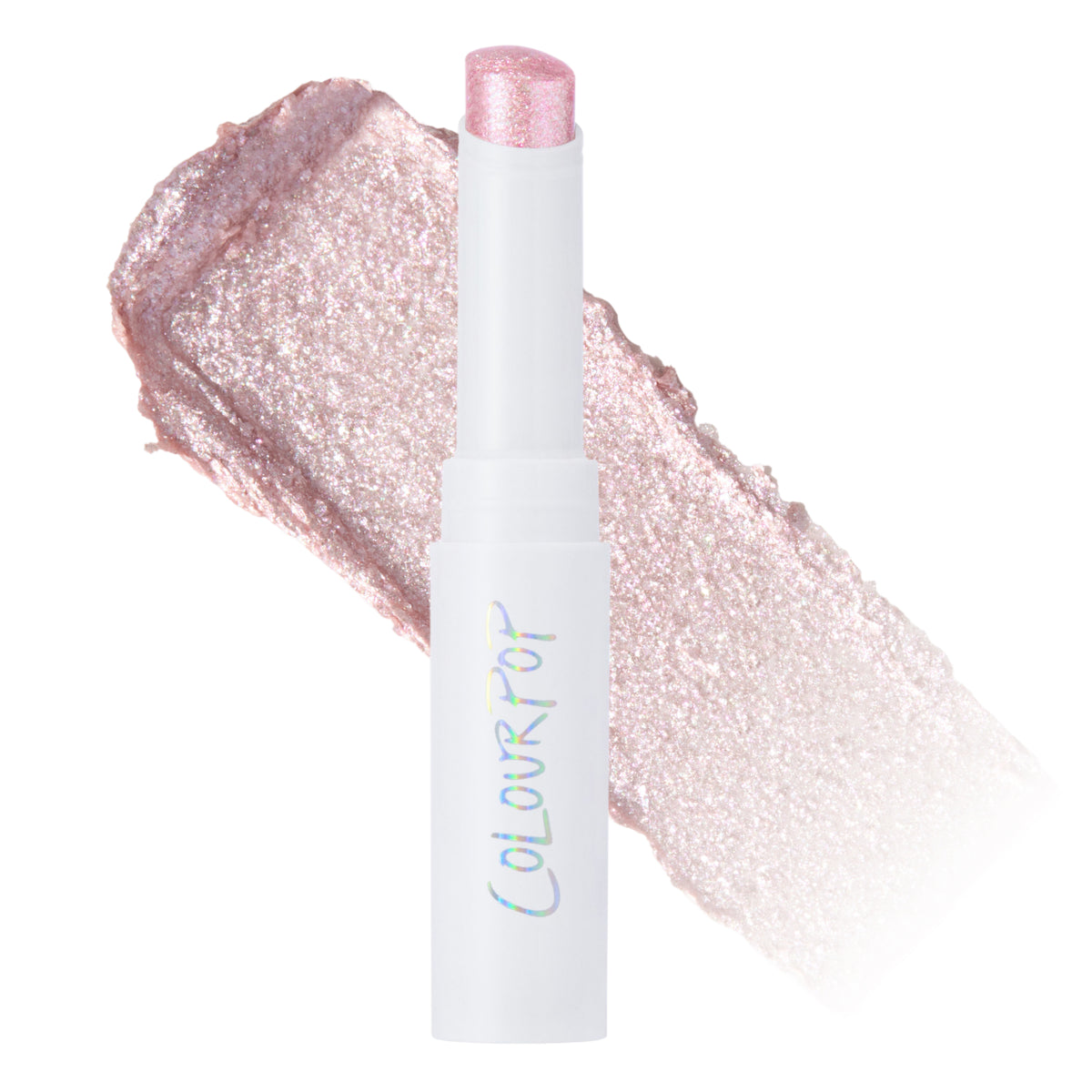 Real Talk Jelly Much Gel Eyeshadow Stick uncapped beside a sparkly pale pink swatch