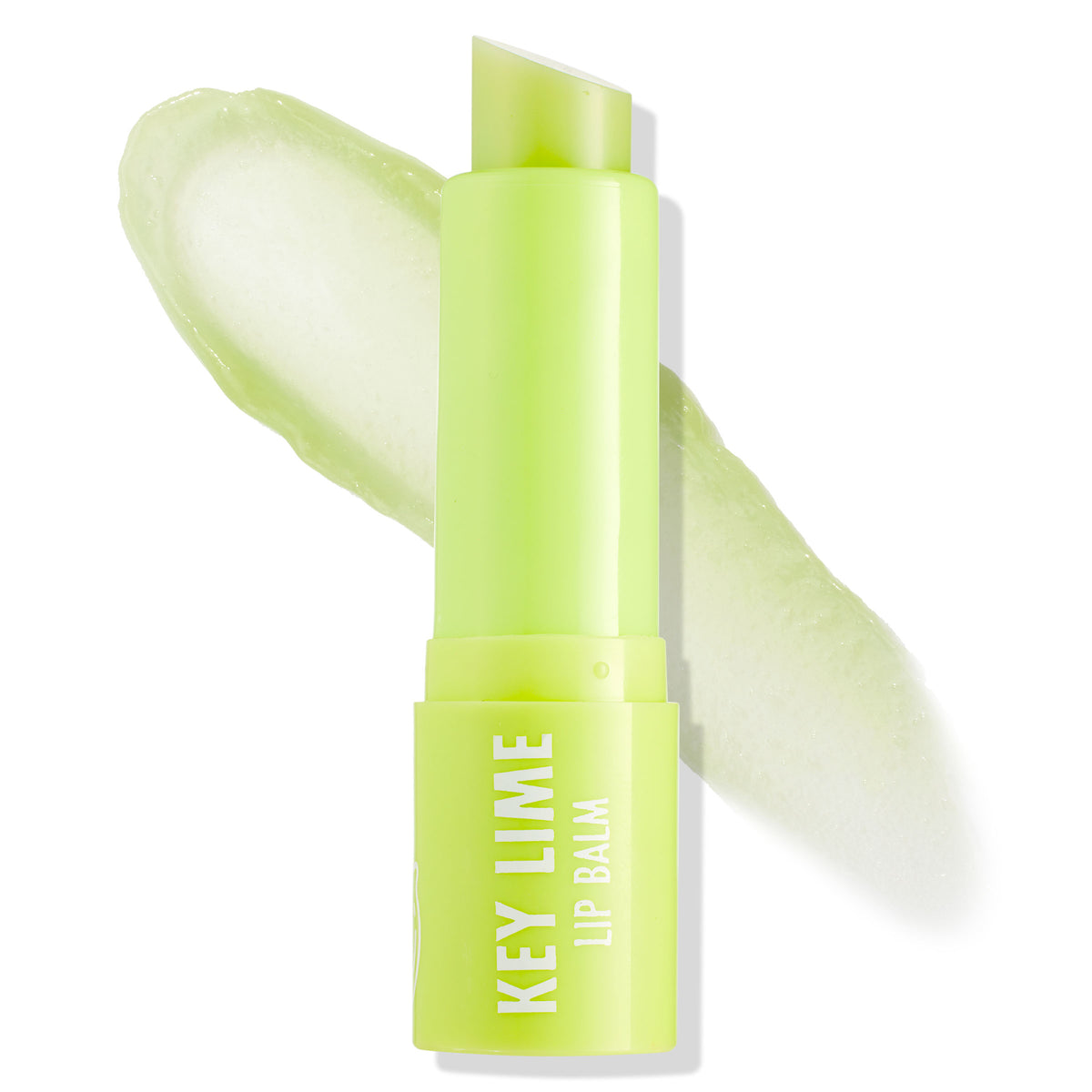 Key Lime lip balm stick, cap off, showing an angled bullet with a pale green swipe behind it; neon-lime tube labeled KEY LIME LIP BALM on a white background, highlighting a fresh, hydrating ColourPop Lip Balm.
