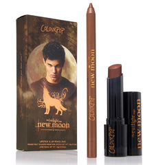 Bella! Where the Hell Have You Been, Loca? Power Pout Lipstick from Colourpop’s Twilight collection shown in its brown bullet tube beside matching lip pencil and New Moon–themed outer box with forest and moon artwork.