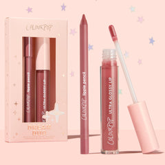 Dream Duo ColourPop Ultra Lip Duo featuring a rosy mauve lippie pencil and Ultra Glossy Lip; gloss wand lifted, pencil upright, and limited‑edition starry pink box at left, set on a pastel pink background.