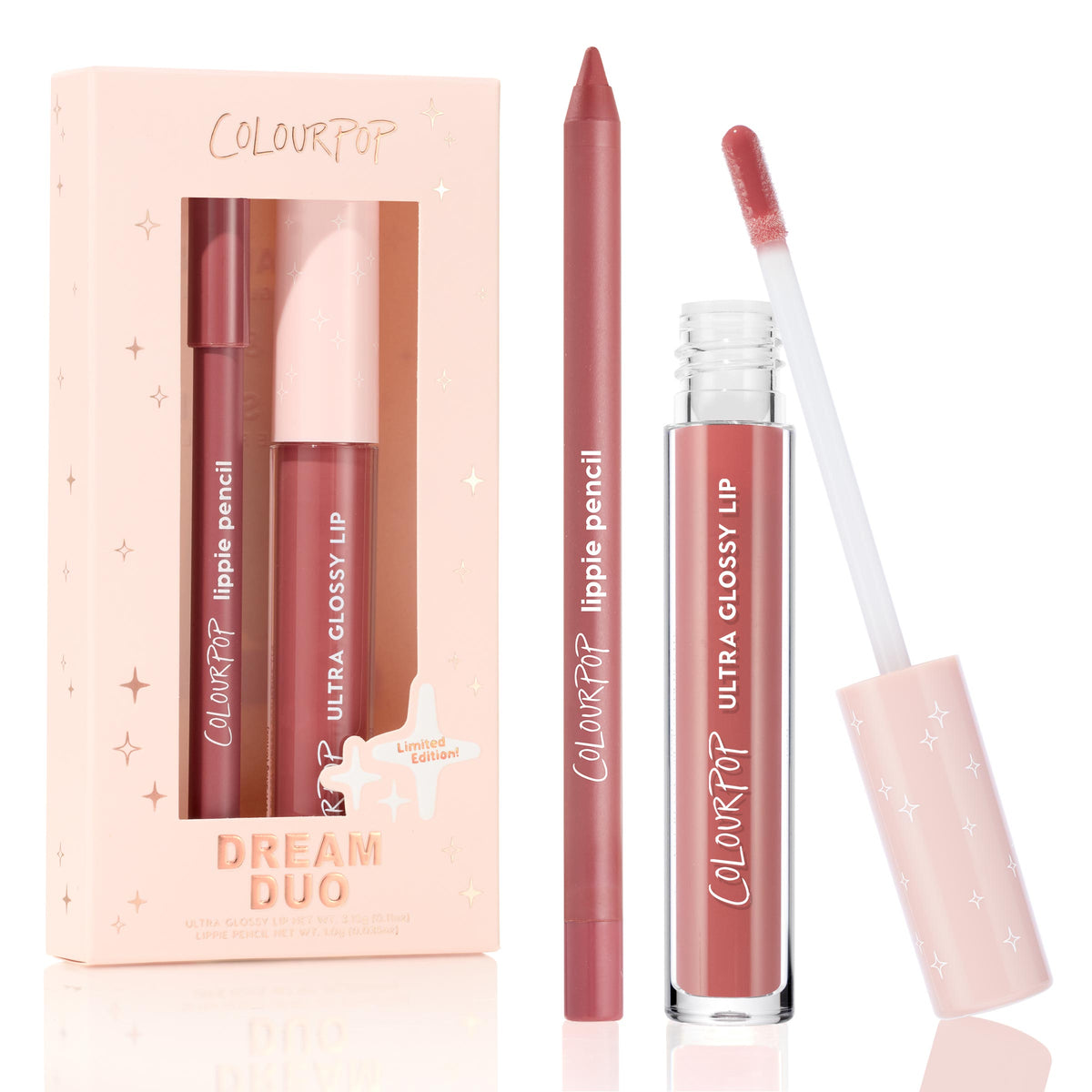 ColourPop Ultra Lip Duo Dream Duo shows a rosy-mauve lippie pencil and an Ultra Glossy Lip tube opened with a doe-foot applicator, set beside a peach starry limited-edition box labeled Dream Duo on a clean white background.