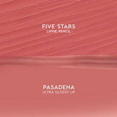 Dream Duo ColourPop Ultra Lip Duo swatches show Five Stars Lippie Pencil's matte rose-pink texture above Pasadena Ultra Glossy Lip's smooth shine, displayed as split swatches for shade reference on a clean background.