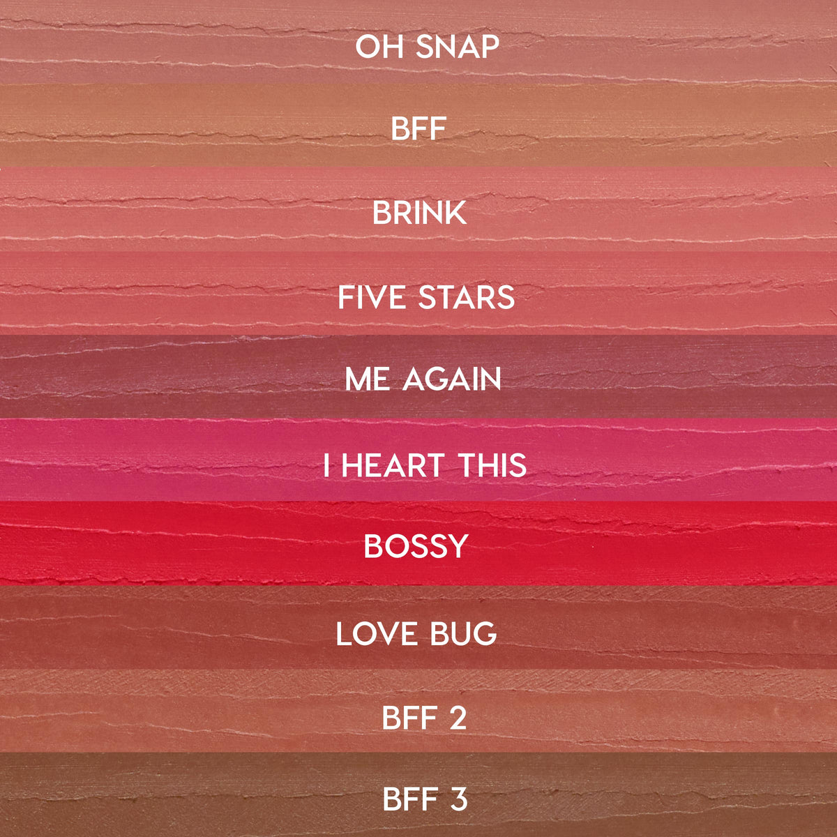 ColourPop Lippie Pencil swatches from The Lil Box of Lippie Pencils displayed in horizontal stripes - nudes to pinks and reds - labeled: Oh Snap, BFF, Brink, Five Stars, Me Again, I Heart This, Bossy, Love Bug, BFF 2, BFF 3.