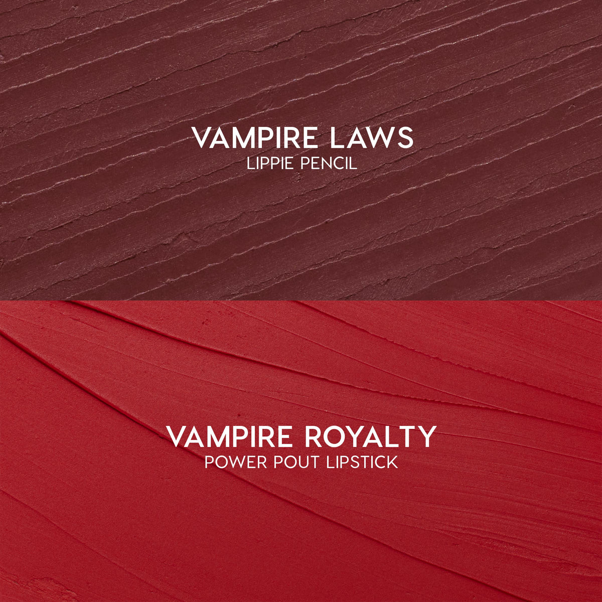 ColourPop Power Pout Lipstick swatch in Vampire Royalty sweeps in velvety red strokes, shown with the matching Vampire Laws Lippie Pencil swatch above as the You Can't Trust Vampires kit, highlighting bold, creamy color payoff.