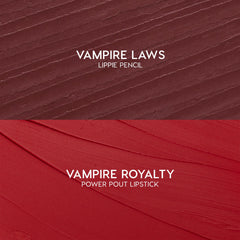 ColourPop Power Pout Lipstick swatch in Vampire Royalty sweeps in velvety red strokes, shown with the matching Vampire Laws Lippie Pencil swatch above as the You Can't Trust Vampires kit, highlighting bold, creamy color payoff.
