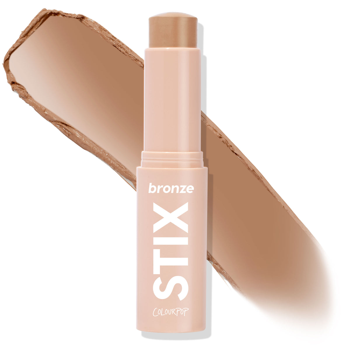 ColourPop Bronzer Stix in Laguna Beach shown uncapped, the twist-up cream bronzer bullet with a warm tan swatch behind on a white background, housed in a blush-pink tube labeled STIX and bronze for sun-kissed contour.