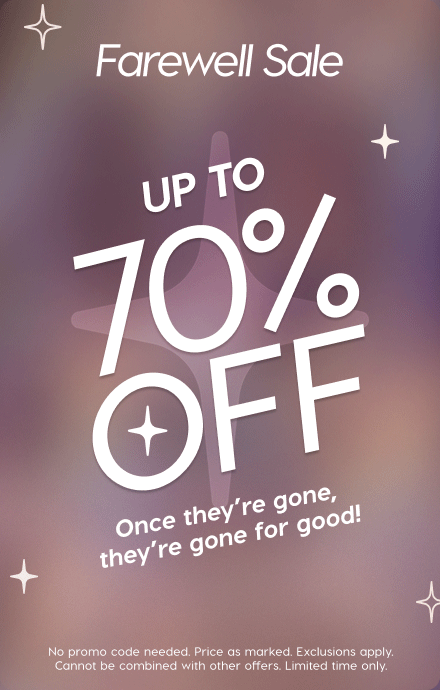 Farewell Sale banner announces up to 70% off, promoting last‑chance ColourPop deals; once they’re gone, they’re gone for good. Sparkly stars on a purple gradient backdrop; no promo code needed; exclusions apply; limited time.