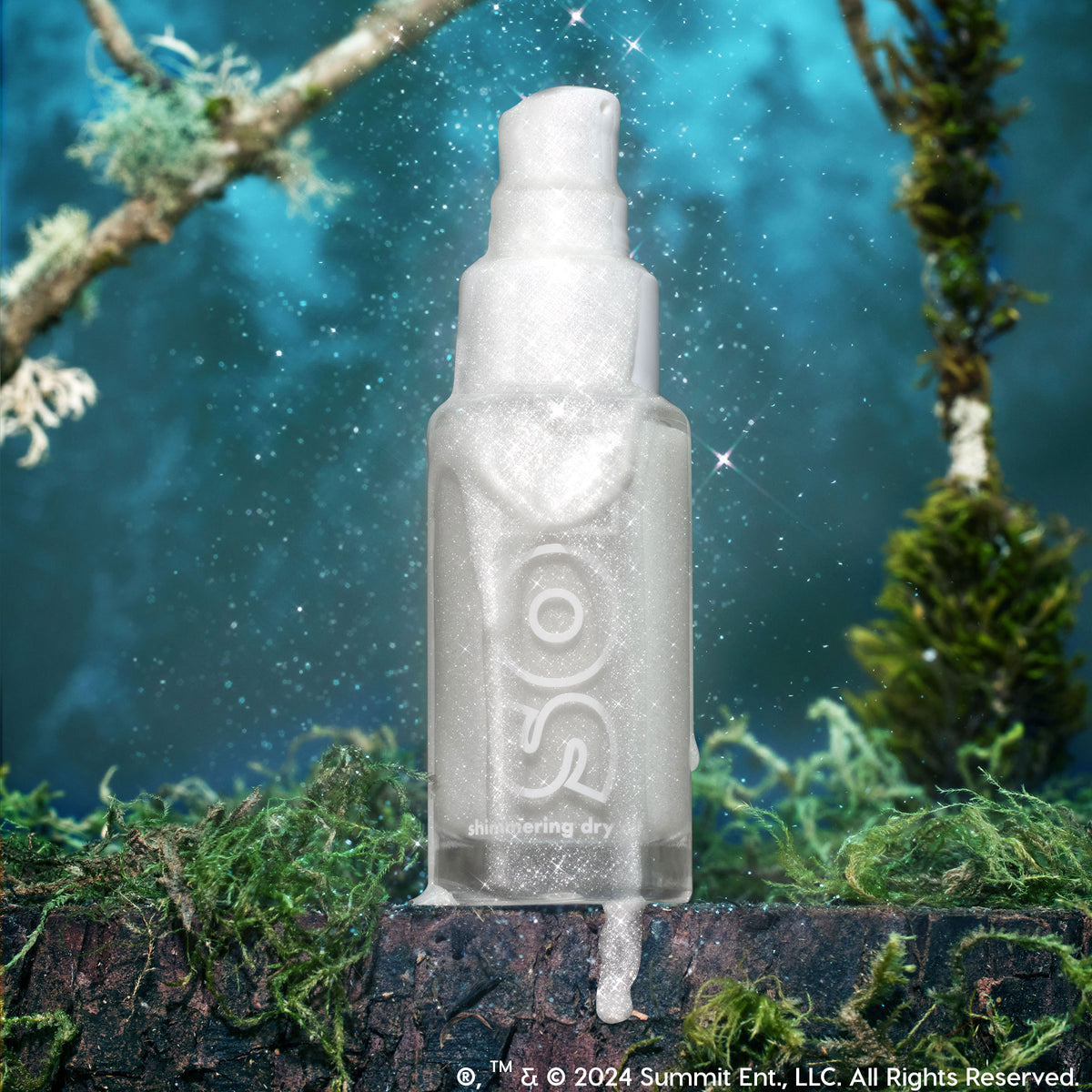 Like Diamonds SOL Shimmering Dry Oil frosted pump bottle glistens with icy silver shimmer and drips down the sides, standing on a mossy log against a starry teal forest; ColourPop SOL Shimmering Dry Oil for a luminous body glow.