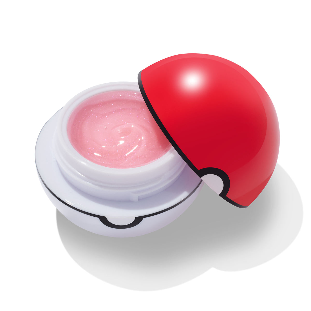 You’re a Catch Lip Mask revealing a swirled, shimmery pink balm as the glossy red-and-white spherical cap sits tilted aside, studio-lit on white; hydrating ColourPop Lip Mask packaging showcases creamy texture and playful design.