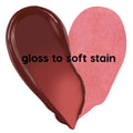 Heart-shaped swatch of ColourPop Lip Stain 90s Babe showing finishes: left side a glossy deep berry labeled “gloss it,” right side a sheer matte rose stain labeled “stain it,” demonstrating buildable color payoff on a white background.