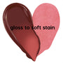 Heart-shaped swatch of ColourPop Lip Stain 90s Babe showing finishes: left side a glossy deep berry labeled “gloss it,” right side a sheer matte rose stain labeled “stain it,” demonstrating buildable color payoff on a white background.