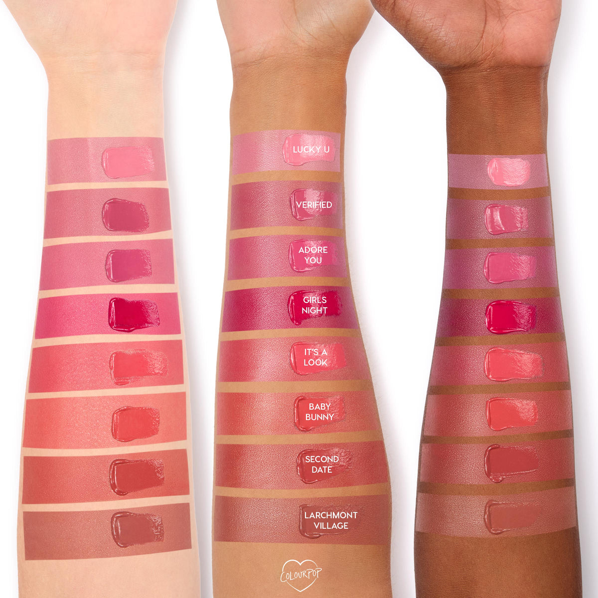 ColourPop Baby Bunny Lip and Cheek Balm swatch, a glossy warm pink, shown on three arms across light, medium, and deep skin tones alongside labeled shades for comparison, highlighting creamy dewy finish and buildable color.