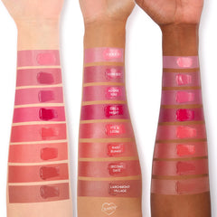 Girls Night ColourPop Lip and Cheek Balm swatched on three skin tones, a glossy vibrant berry pink shown among labeled shades, highlighting its dewy finish and bold pigment for lips and cheeks.