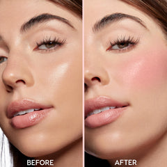 Model’s cheek and lips show a split before-and-after: left bare, right wearing Larchmont Village ColourPop Lip and Cheek Balm, creating a dewy rosy-pink flush on cheeks and a soft sheen on lips in a studio close-up.