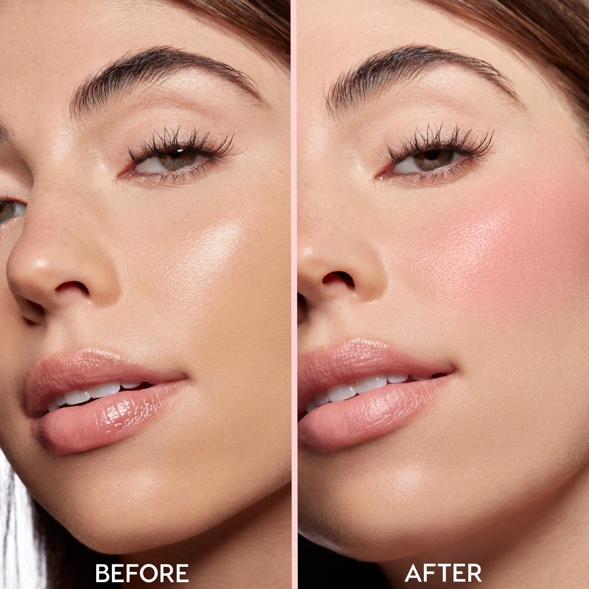 Lucky U ColourPop Lip and Cheek Balm adds a dewy pink flush to cheeks and a soft sheen to lips, shown in a split-screen before-and-after close-up: left bare skin, right natural, buildable rosy color and glow.