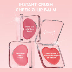 Heart-shaped Larchmont Village ColourPop Lip and Cheek Balm compacts sit open and closed, revealing dewy pink and coral pans in clear square cases with sparkle highlights, showcasing a multi-use, hydrating formula for finger or brush application.