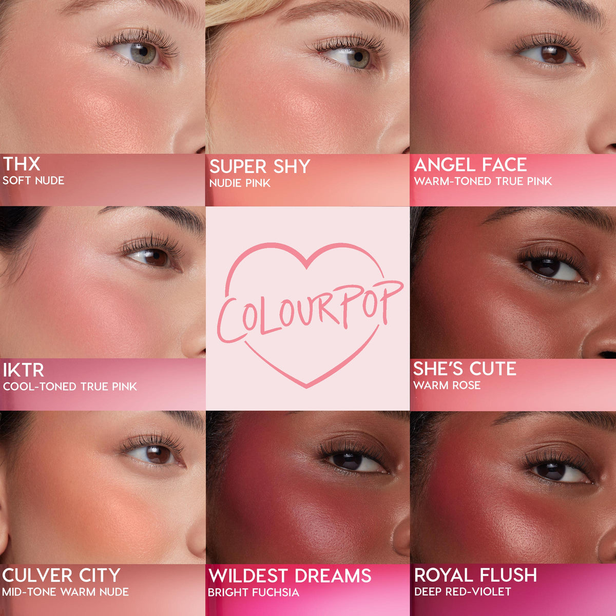 Wildest Dreams bright fuchsia ColourPop Liquid Blush adding a vibrant, dewy flush to a model’s cheek, shown in a nine-tile shade chart alongside THX, Super Shy, Angel Face, IKTR, She’s Cute, Culver City, and Royal Flush with a heart logo center.