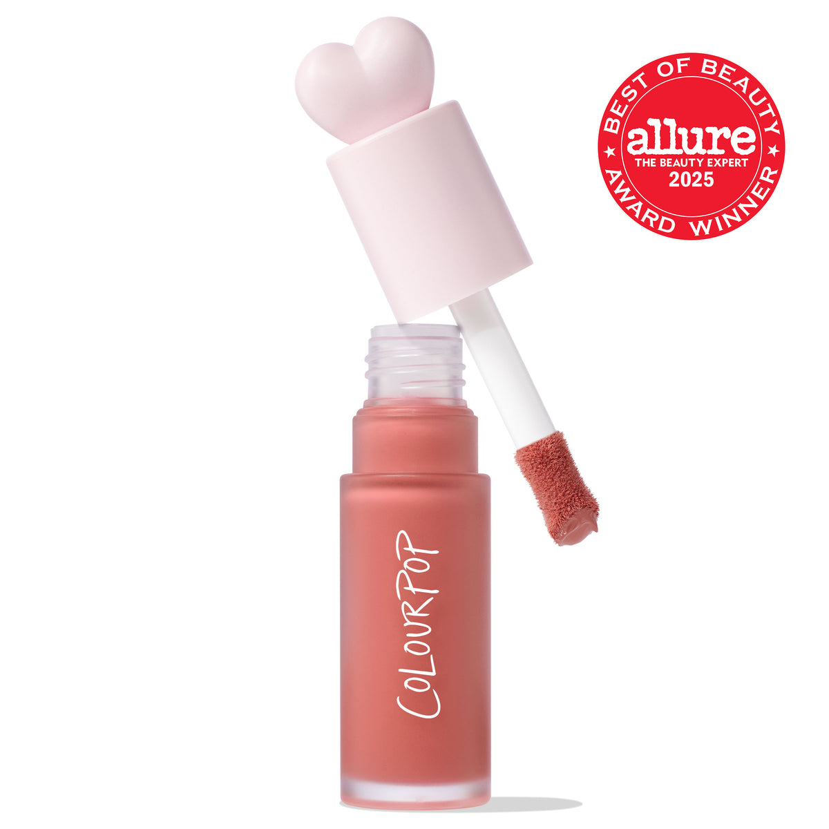 ColourPop Liquid Blush in THX shown open as the doe-foot applicator lifts a rosy peach tint from a frosted bottle with a pink heart cap, COLOURPOP logo visible, on white background with Allure Best of Beauty 2025 award badge.