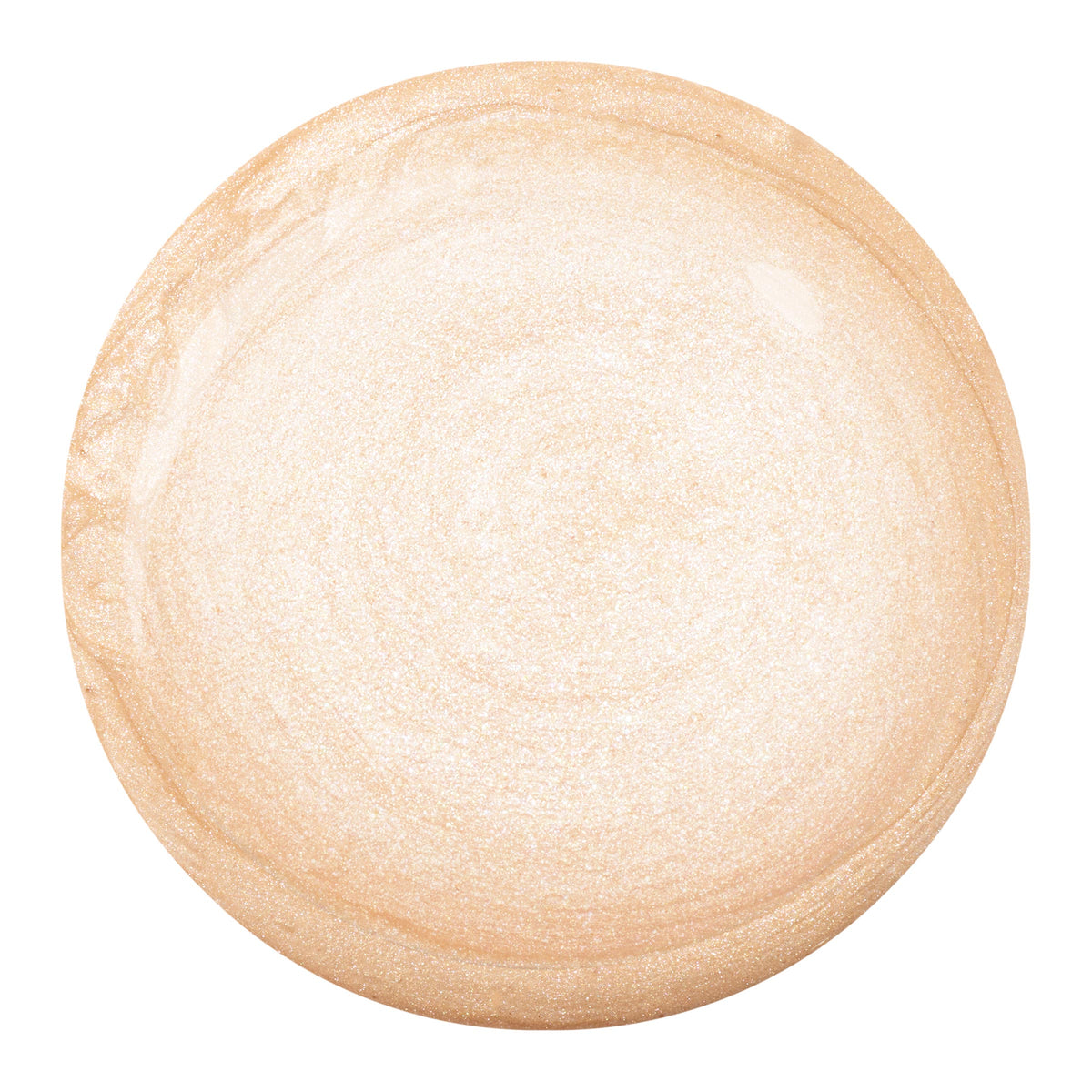 ColourPop Liquid Highlighter in Sugar Donut swatch forming a glossy round droplet, shimmering champagne-gold with fine pearlescent sparkle, showing a blendable dewy finish on a white background.