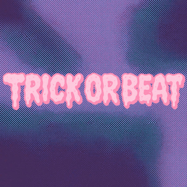 Drippy pink bubble lettering spelling 'TRICK OR BEAT' pops against a purple-to-indigo halftone gradient background, a Halloween-themed ColourPop graphic.