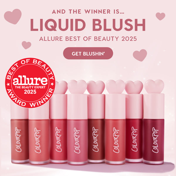 ColourPop award-winning liquid blush lineup in shades from nude to berry, bottles with pale pink heart-shaped caps on a pastel backdrop, featuring an Allure Best of Beauty 2025 badge and a Get Blushin’ callout.