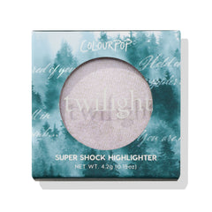 ColourPop Super Shock Highlighter Meadow displayed in a teal forest-print box with a round clear window revealing a pale lavender, glittery pan; front shows COLOURPOP branding and net wt 4.2g (0.15 oz), photographed on white.