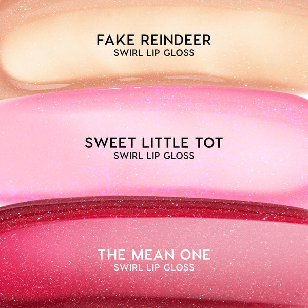 ColourPop swirl lip gloss trio swatches - Fake Reindeer (champagne gold shimmer), Sweet Little Tot (sparkly pink), and The Mean One (glittery cherry red) - layered in glossy stripes to showcase texture and sparkle on a clean studio backdrop.