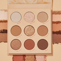 ColourPop Blushing Nude shadow palette set opens to nine neutral pans - matte and shimmer shades like Bluffin’, Wink Wink, and The Cocoa - shown with coordinating swatches surrounding the compact in warm beige, rose, and cocoa tones.