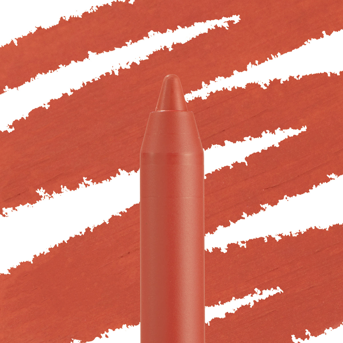 Oh Sis ColourPop Lippie Pencil showing a creamy, sharpened tip in warm terracotta, standing upright as bold swatches streak across the background, highlighting smooth payoff and precise lip-lining color.