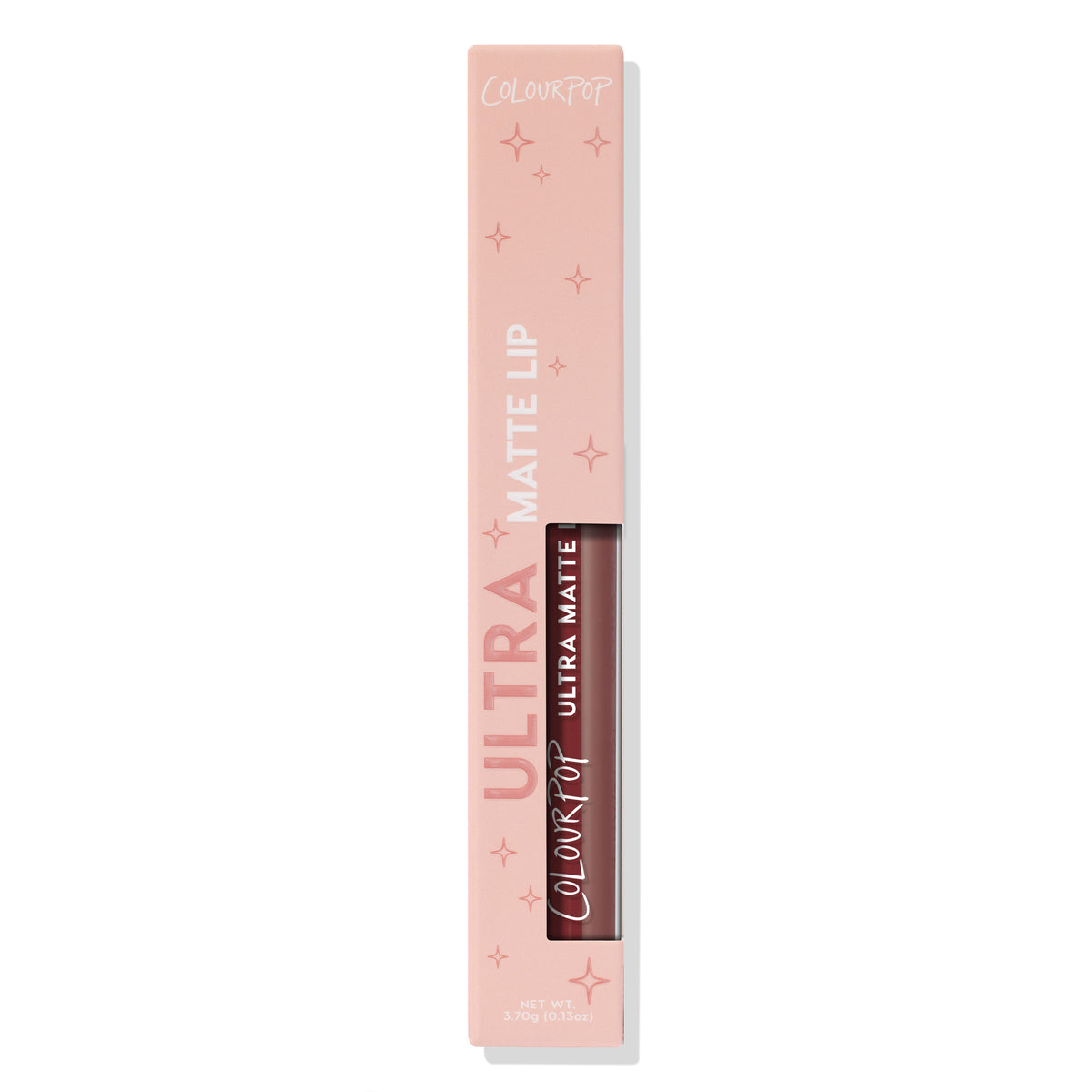 ColourPop Ultra Matte Lip in Off The Record stands upright in a peach, star-print box, clear tube revealing a deep rose-mauve liquid lipstick; 3.7g (0.13 oz) long-wear formula shown on a white background.