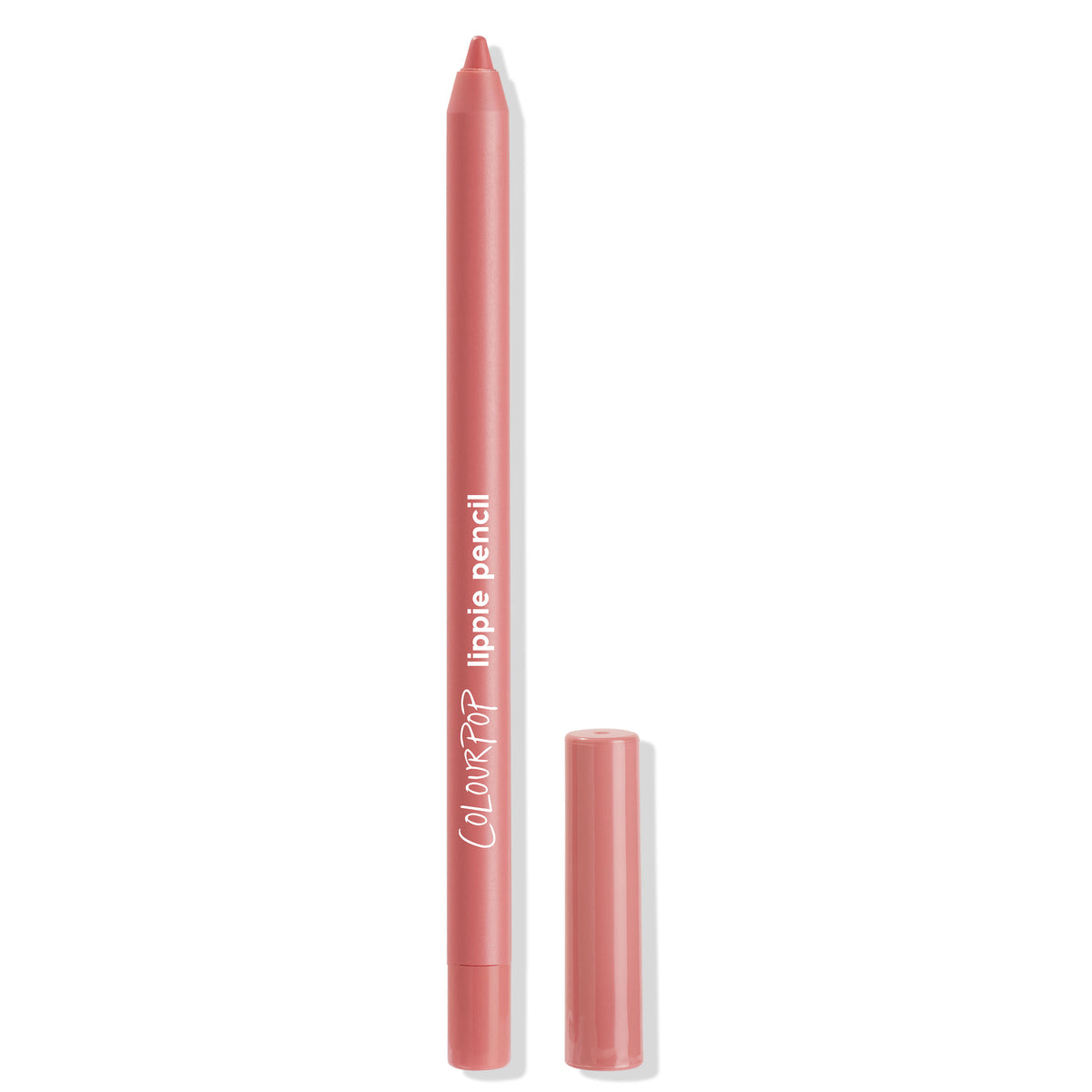 ColourPop Lippie Pencil Oh Snap with tip exposed and cap placed beside it on a white background, showcasing the muted rosy nude shade and slim barrel with ColourPop branding for precise lip lining.