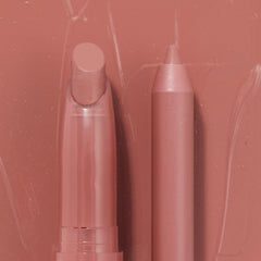Double the Trouble ColourPop Lippie Stix + Pencil Set shown side by side in a warm rosy nude; the twist-up Lippie Stix and matching precision pencil rest on a glossy pink swatched backdrop, highlighting the coordinated shade for lining and filling lips.