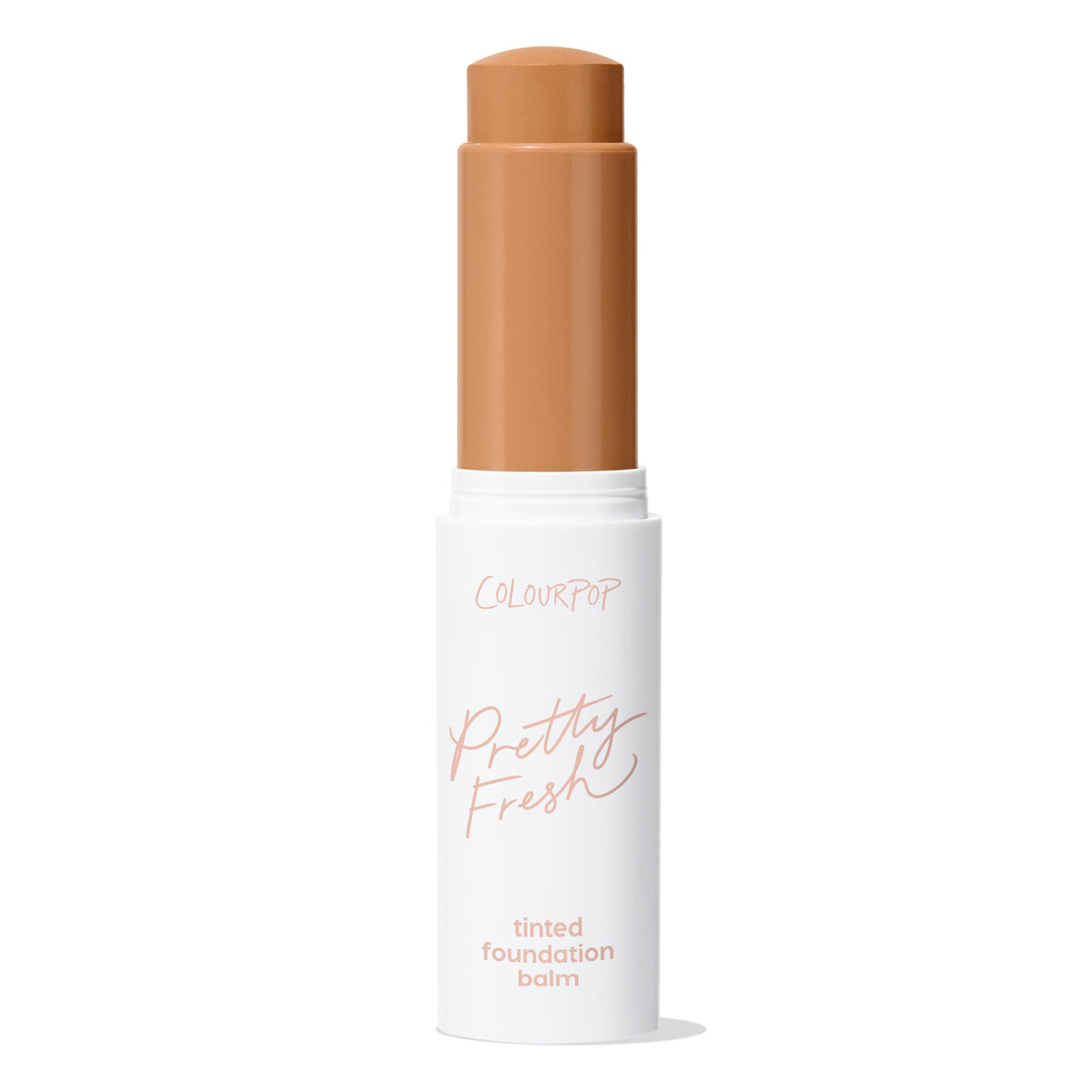 ColourPop Pretty Fresh Tinted Foundation Balm in Dark 17, open twist-up stick showing a warm deep tan shade, standing upright in a white tube with peach “Pretty Fresh” lettering on a clean white background.