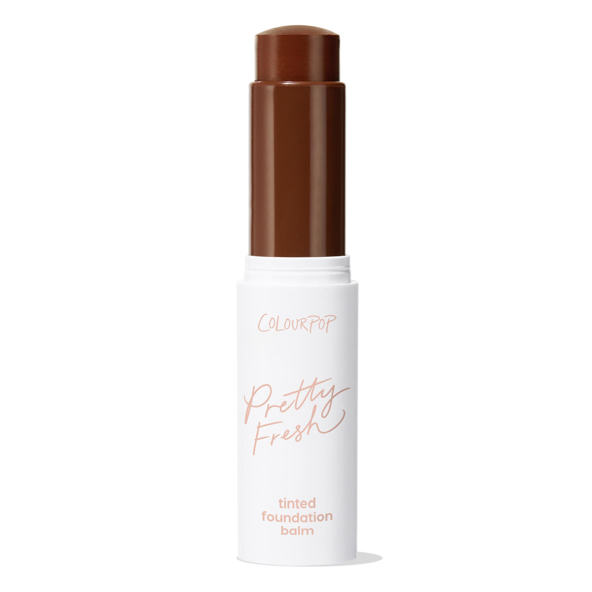 ColourPop Pretty Fresh Tinted Foundation Balm in Deep Dark 22, a twist-up foundation balm stick, stands open with a rich deep-brown bullet, housed in a white tube with peach 'Pretty Fresh' lettering, shown upright on a clean white background.