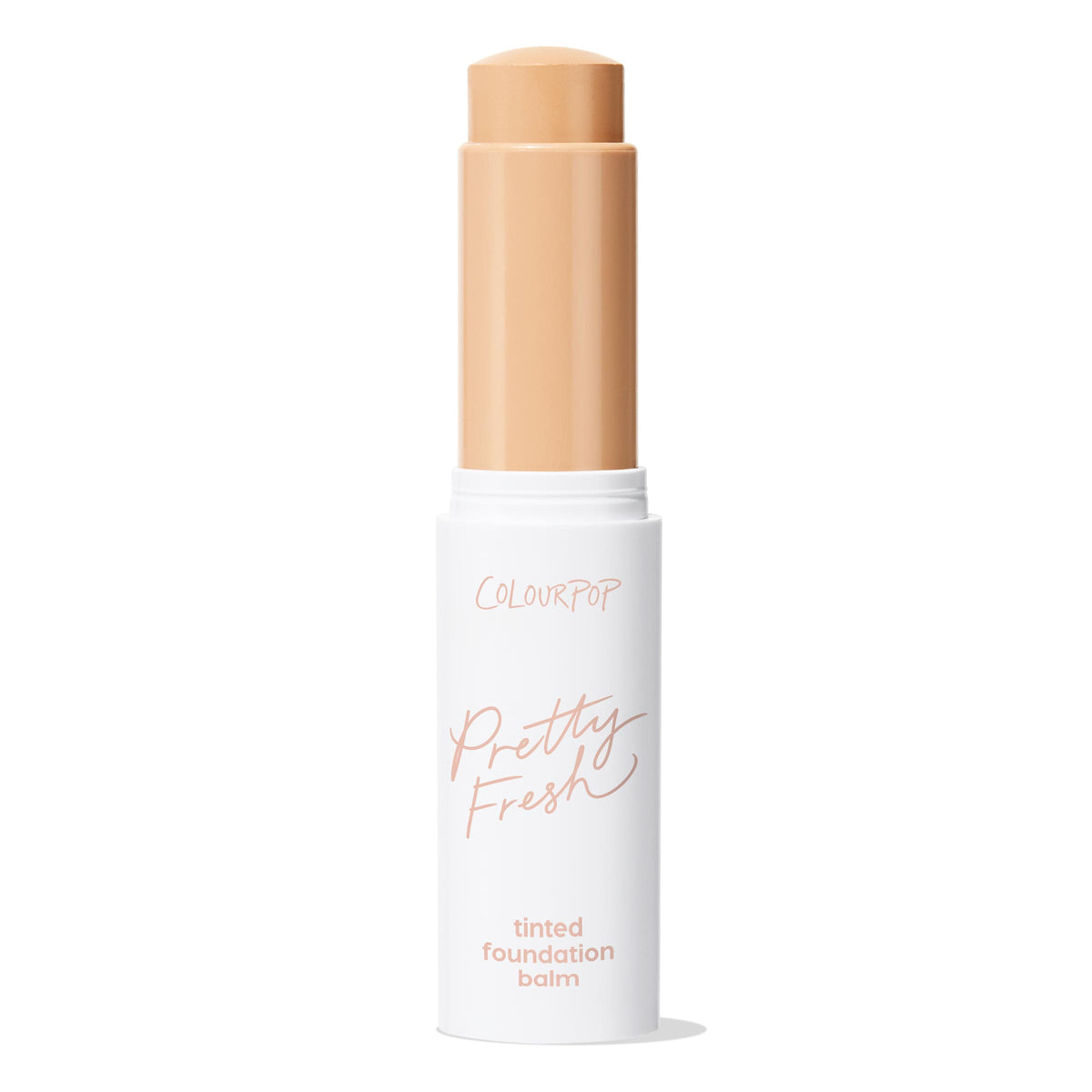 ColourPop Pretty Fresh Tinted Foundation Balm, Light 8 shade, shown uncapped with the twist-up stick raised, warm beige tone visible, in a white tube with peach script logo, centered on a white studio background.
