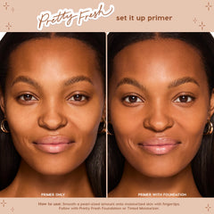 Before-and-after split close-up shows a model with primer only on the left and primer plus foundation on the right, highlighting smoother, more even skin; showcases Hydrating Prime + Set ColourPop Face Set for hydrating prep and long-wear makeup.