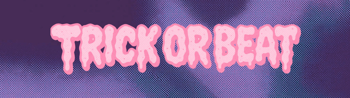 Drippy pink 'TRICK OR BEAT' lettering stretches across a purple comic halftone gradient, creating a spooky-fun Halloween banner for ColourPop.
