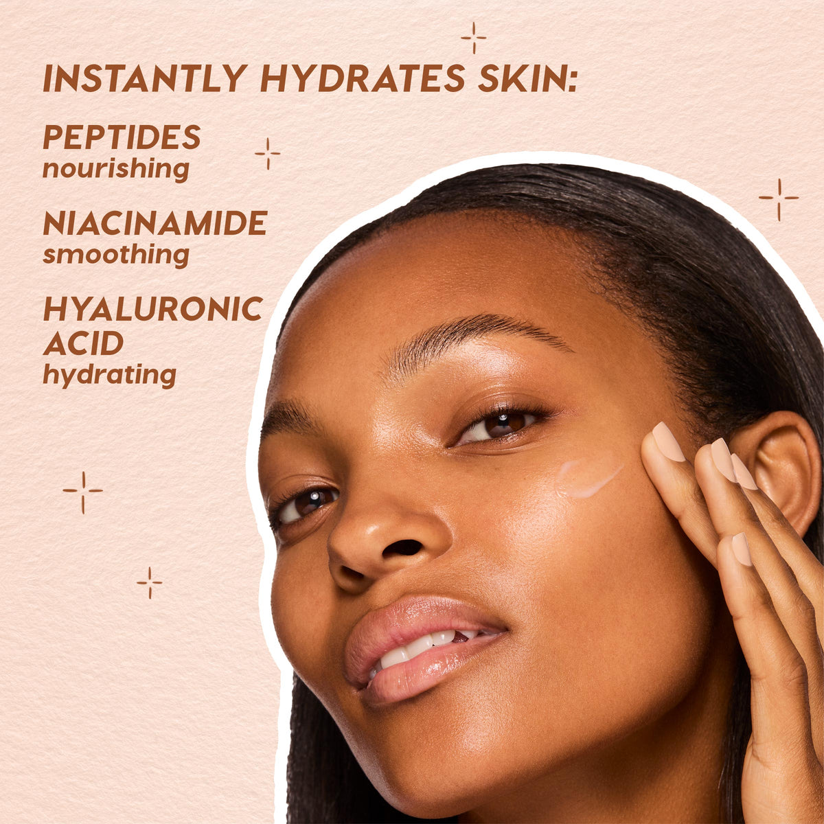 Model applies Set It Up ColourPop Pretty Fresh Primer to their cheek, showcasing a dewy glow; beige backdrop highlights instant hydration with peptides, niacinamide, and hyaluronic acid for smooth, nourished, makeup-ready skin.